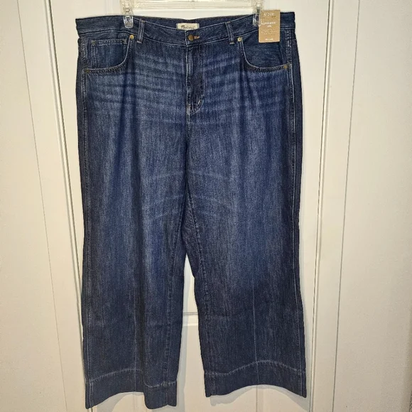 Madewell Plus Size 20W SuperWide High Waisted Full Length Blue Whiskering Jeans - Picture 3 of 16